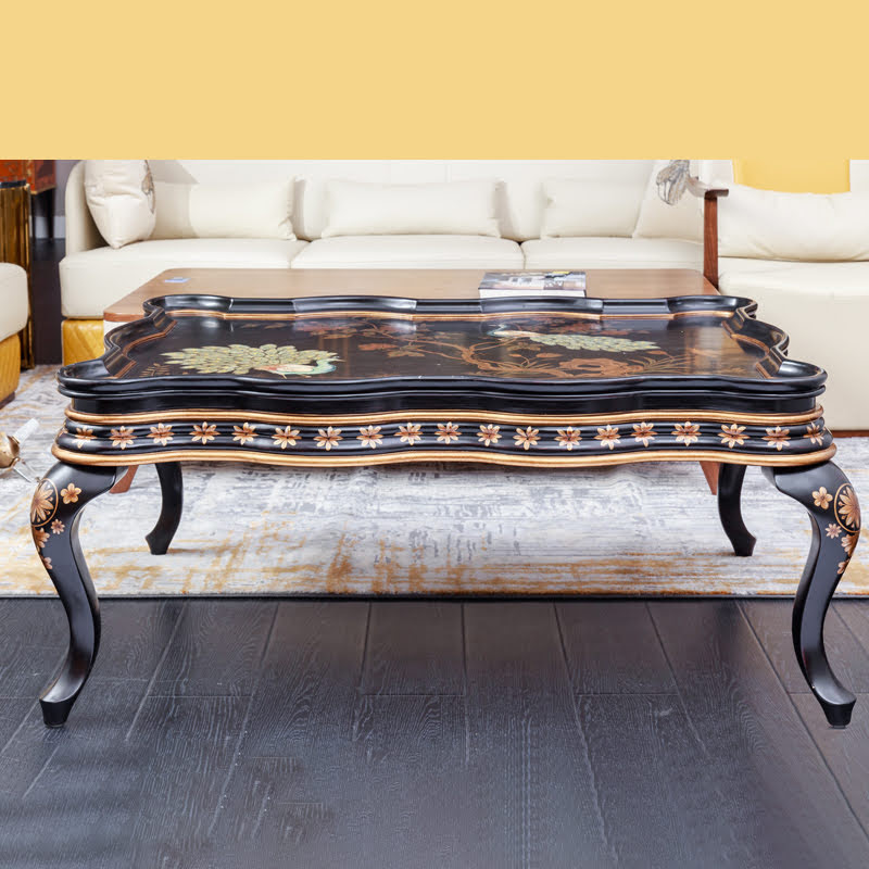 Black Wave Edge End Wooden Antique Coffee Table for Living Room,